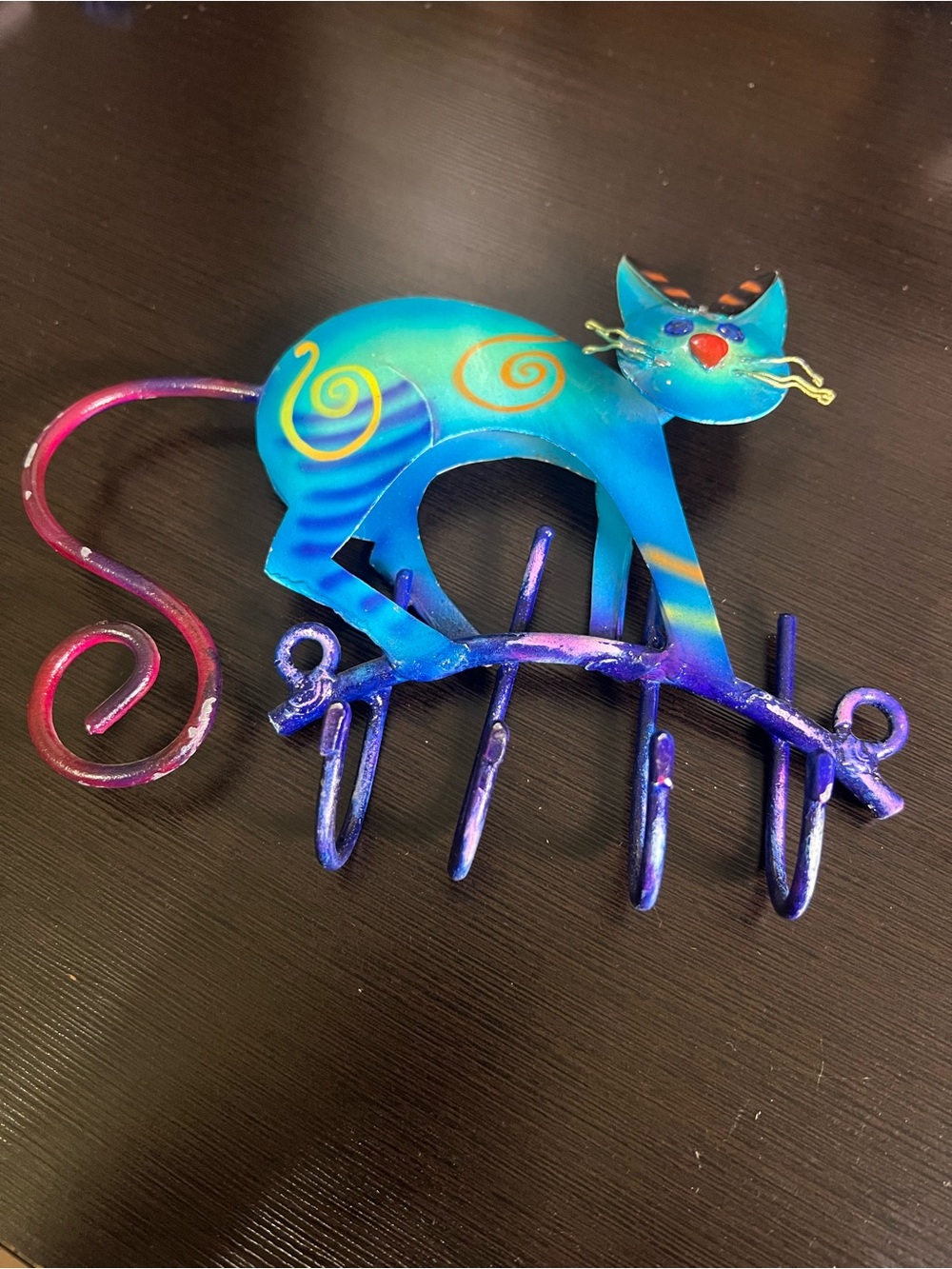 Vintage 90s Meow Meow Colorful Metal Cat Key Rack Wall Hook Whimsical Folk Art